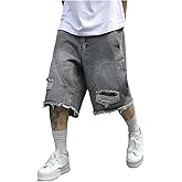 SHENHE Men's Baggy Jean Shorts Y2k Ripped Jorts Frayed Raw Hem Denim Bermuda Shorts