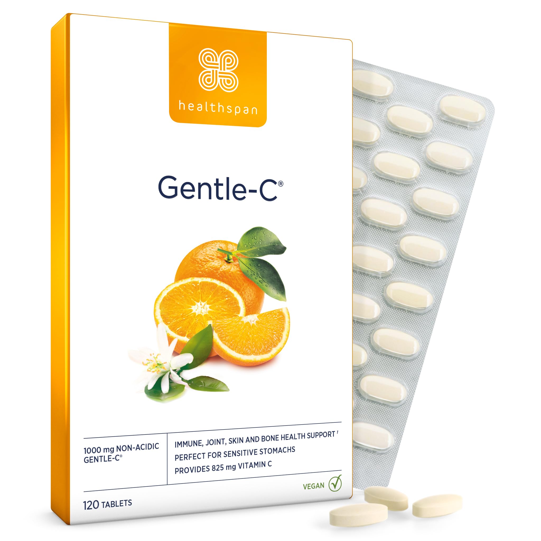 Healthspan Gentle Vitamin C 1,000mg | 120 Tablets | 1,000% NRV | Stomach Friendly Calcium Ascorbate | Immune & Joint Health | Vegan