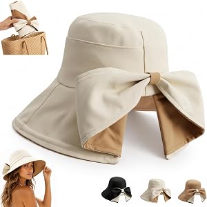 Wide Brim Bowknot Sun Hat for Women, UPF 50+ UV Protection Adjustable Foldable Bucket Hat for Beach Travel