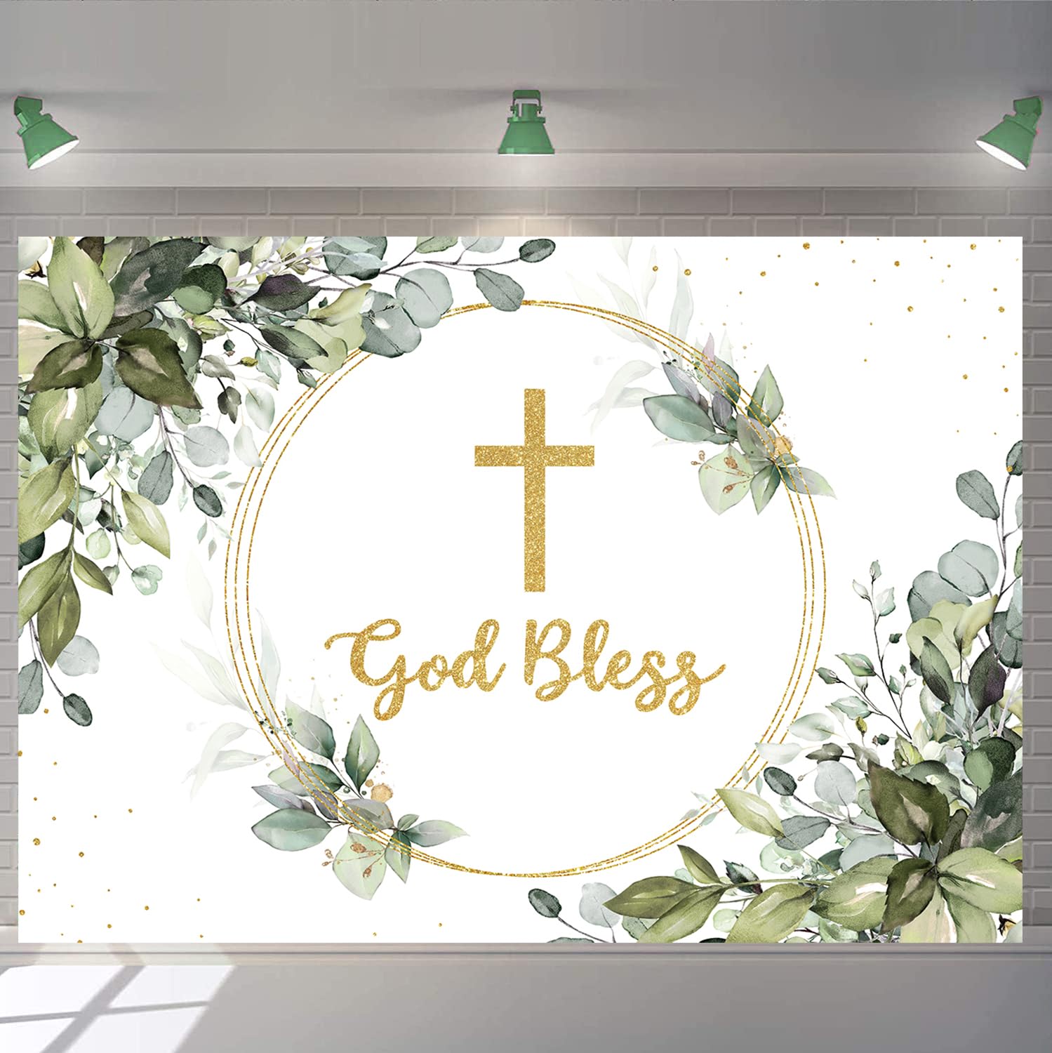 God Bless Backdrop 8X6FT Greenery Holy Communion Baptism Backdrop Green and Gold Eucalyptus Green Leaves Baby Shower Party Decor Background