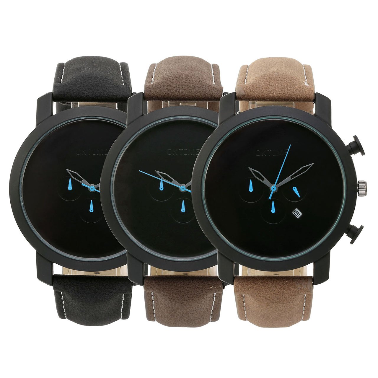 JSDDE Uhren,Sport Armbanduhr DREI unecht Chronograph 3ATM Wasserdicht Kalender Analog Quarz Uhr Echtleder Armband,schwarz