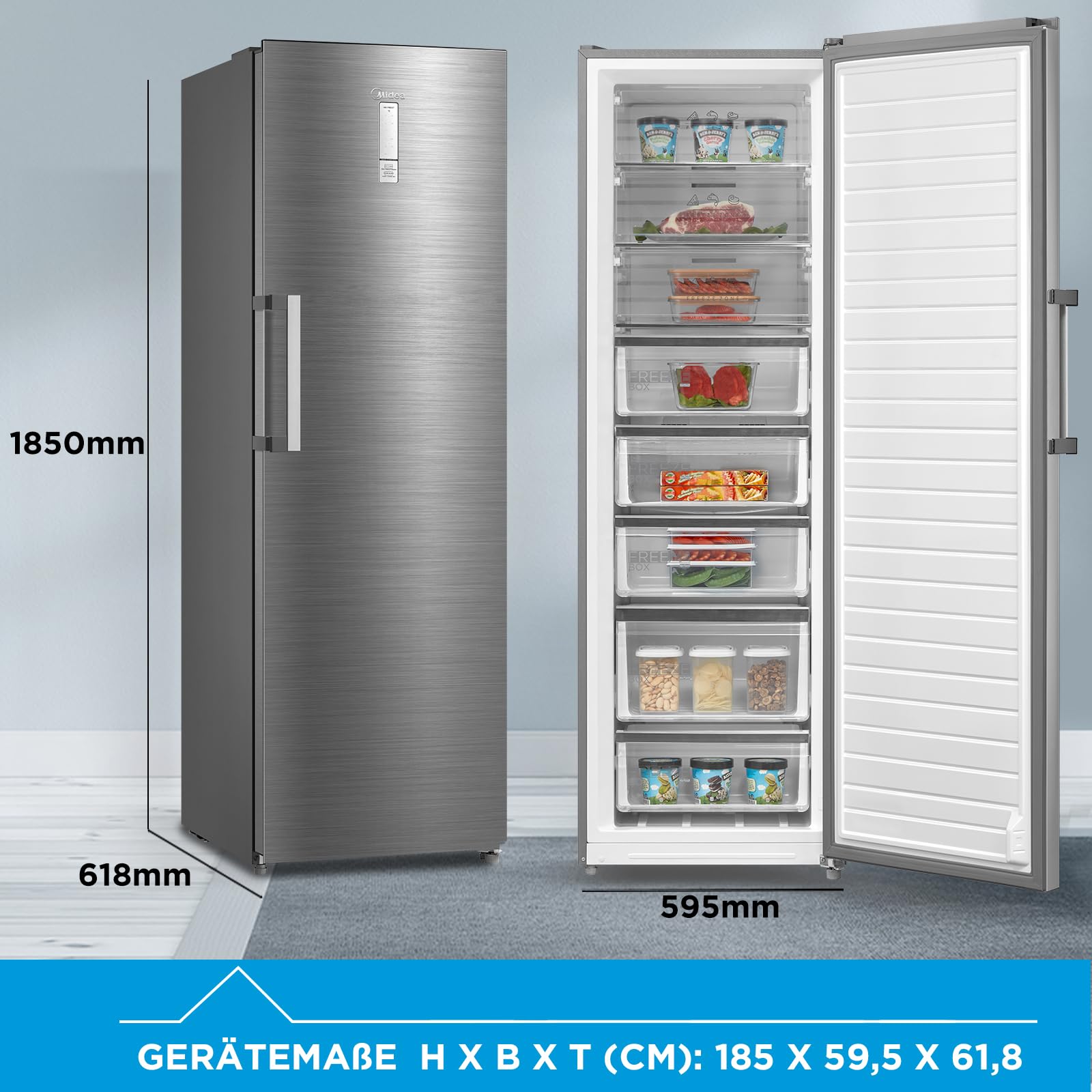 Midea Gefrierschrank & Kühlschrank in einem MDRU385MTE46 | 273L, 185 cm | Umschaltbarer Kühl- & Gefriermodus | NoFrost & Multi Air Flow | GMCC-Kompressor, Leise & Energiesparend | Freistehend, Inox 3