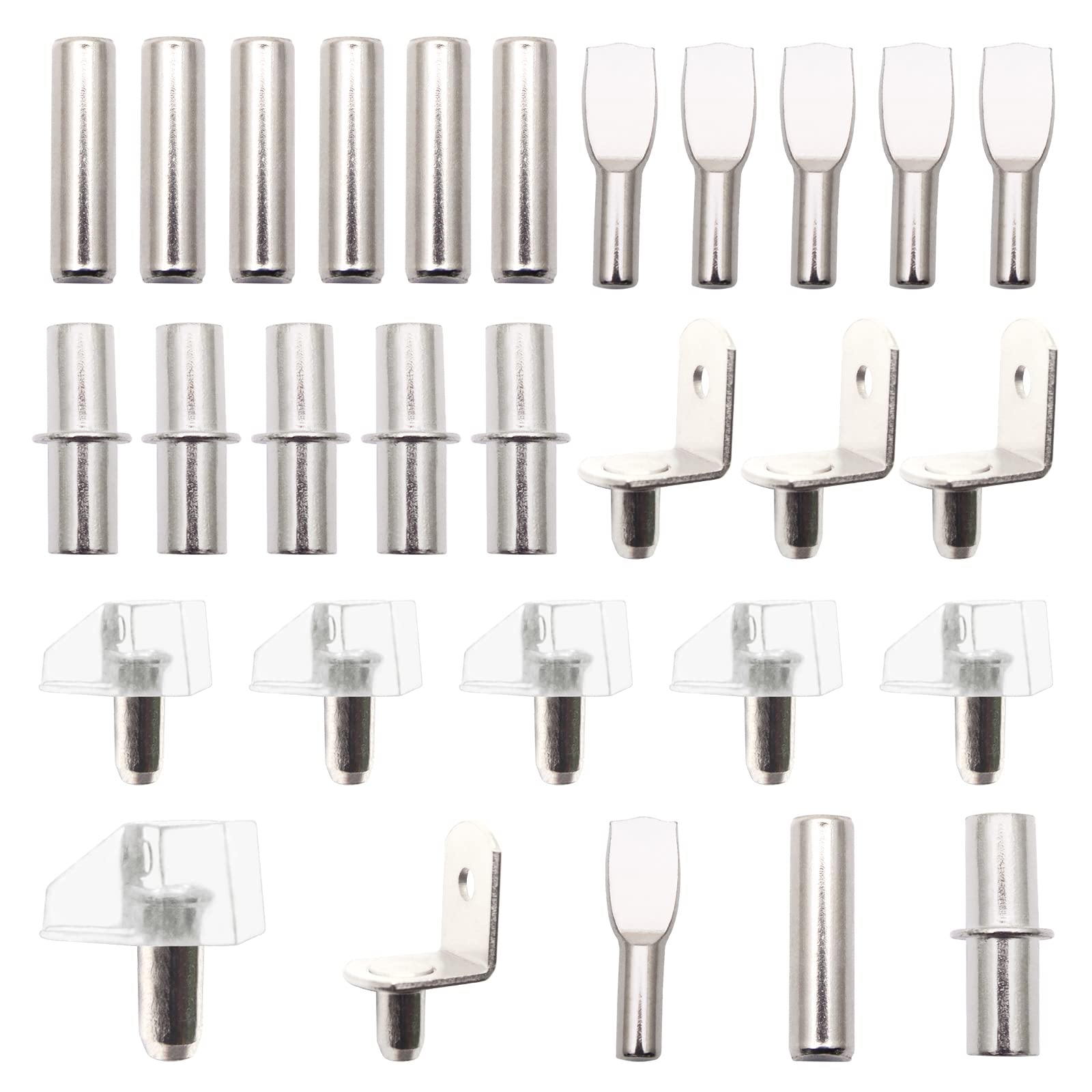 125PCS Shelf Bracket Pegs Kit, 5 Styles Dowel Pin, Shelf Bracket Pegs, Shelf Support Pegs, Nickel Plated Shelf Bracket Peg Pin Supports for Cabinet Furniture Wardrobe Accessories Display Stand (5MM)