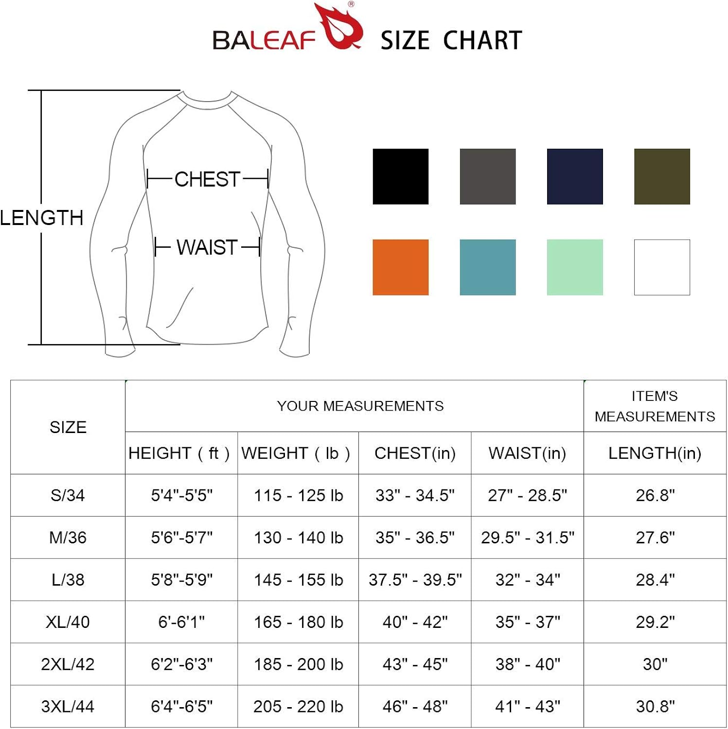 BALEAF Men's Long Sleeve Rashguard UPF 50+ Swim Rash Guard Water Shirts for Surfing Diving Kayaking: Clothing