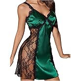 SOLY HUX Women's Satin Silk Nightgown Lace V Neck Babydoll Lingerie Dress Chemise Sleepwear