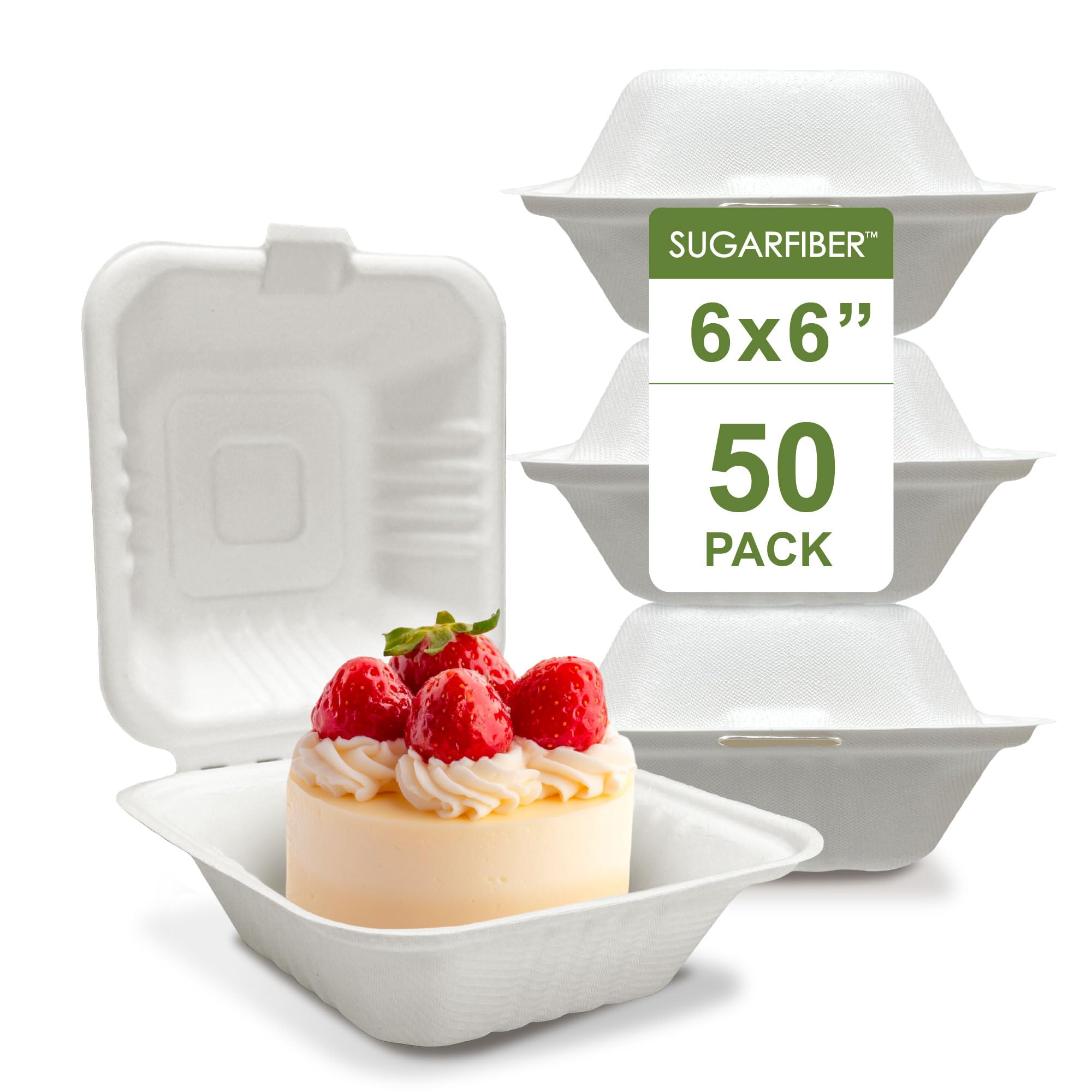 Photo 1 of [50 COUNT]Harvest Pack 6 X 6" White Compostable Clamshell Food Containers, To go food container Heavy-Duty Square Hinged Container, Disposable Bagasse Eco-Friendly Natural Takeout Box