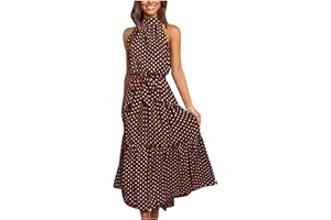 BORNIU Women's Halter Neck Sleeveless Polka Dot Print Long Maxi Dress Casual Loose Ruffle Sundress Summer Beach Dress with Belt