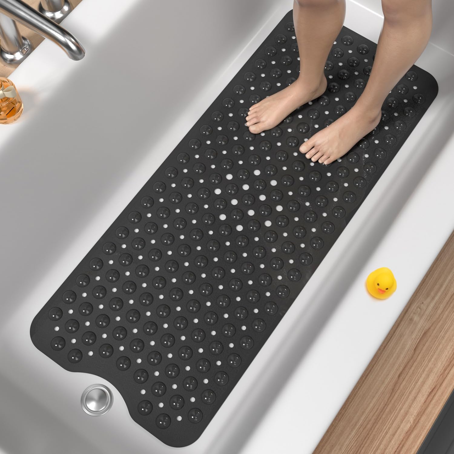 HITSLAM Non Slip Bath Mat for Tub, 101 x 40cm Extra Long Shower Mat Anti Mould, Machine Washable Bathroom Bathtub Mat with Suction Cups and Drain Holes, Soft on Feet, Clear Black