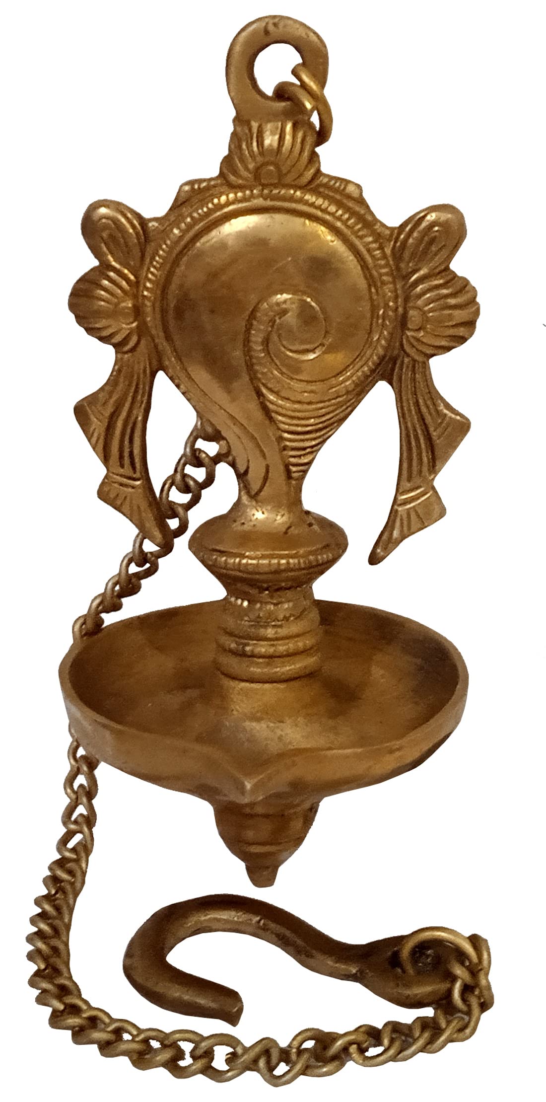 Purpledip Brass Hanging Diya Nila Vilakku Shankh Oil Lamp: Gada Padma Padmanabha Swami Vishnu Symbol (12279)