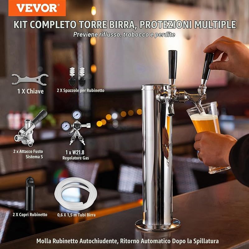 Kit Spillatore per Birra a Doppio Rubinetto, Dispenser Torre Birra per Fusti in Acciaio Inox con Regolatore W21.8 Doppio Manometro Accoppiatore Fusti S-System, Vassoio Gocciolamento