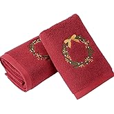 Absnuopt Red Hand Towel Set of 2 Christmas Wreath Embroidered Design Luxury Hand Towel for Bathroom Ultra Soft 100% Cotton Absorbent Winter Holiday Home Party Elegant Wreath Welcome Decor 13" X 29"