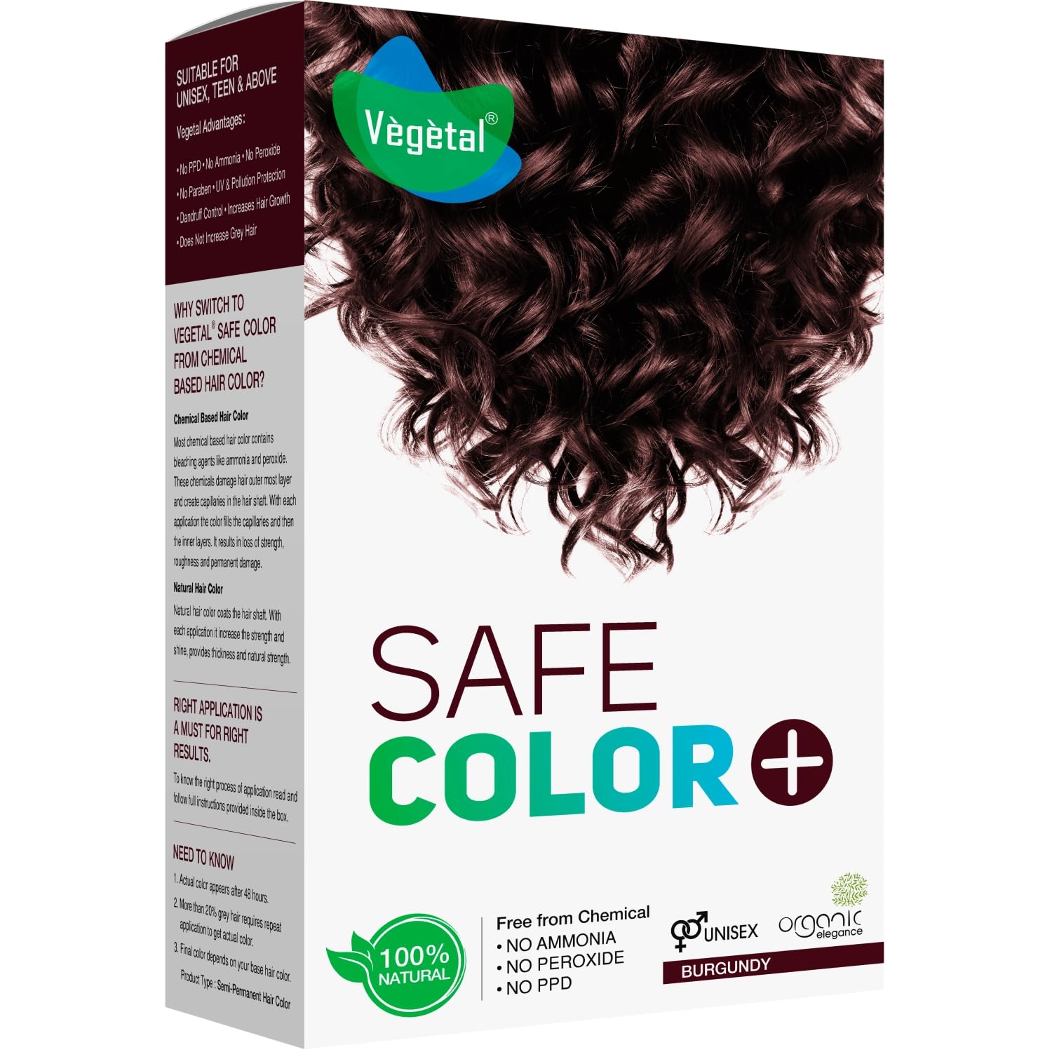 Vegetal Safe Hair Color -Burgundy 100gm |Certified Organic Chemical and Allergy Free Bio Natural Hair Color with No Ammonia Formula for Men and Women