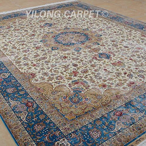Yilong 9'x12' Hand Knotted Silk Carpet Traditional Oriental Tabriz Persian Medallion and Floral Pattern Handmade Home Rugs (9 Feet by 12 Feet, Ivory and Sky Blue) YL1889