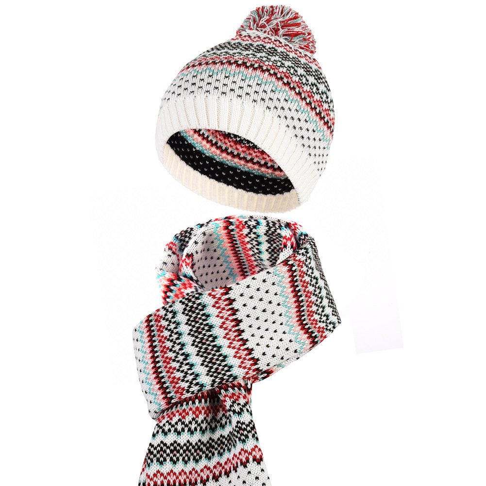 Vbiger Wintermütze klassische Beanie Mütze Damen Mütze und Schal Warm Strickmütze und Strickschal 2 PCS, Weiß+, Einheitsgröße