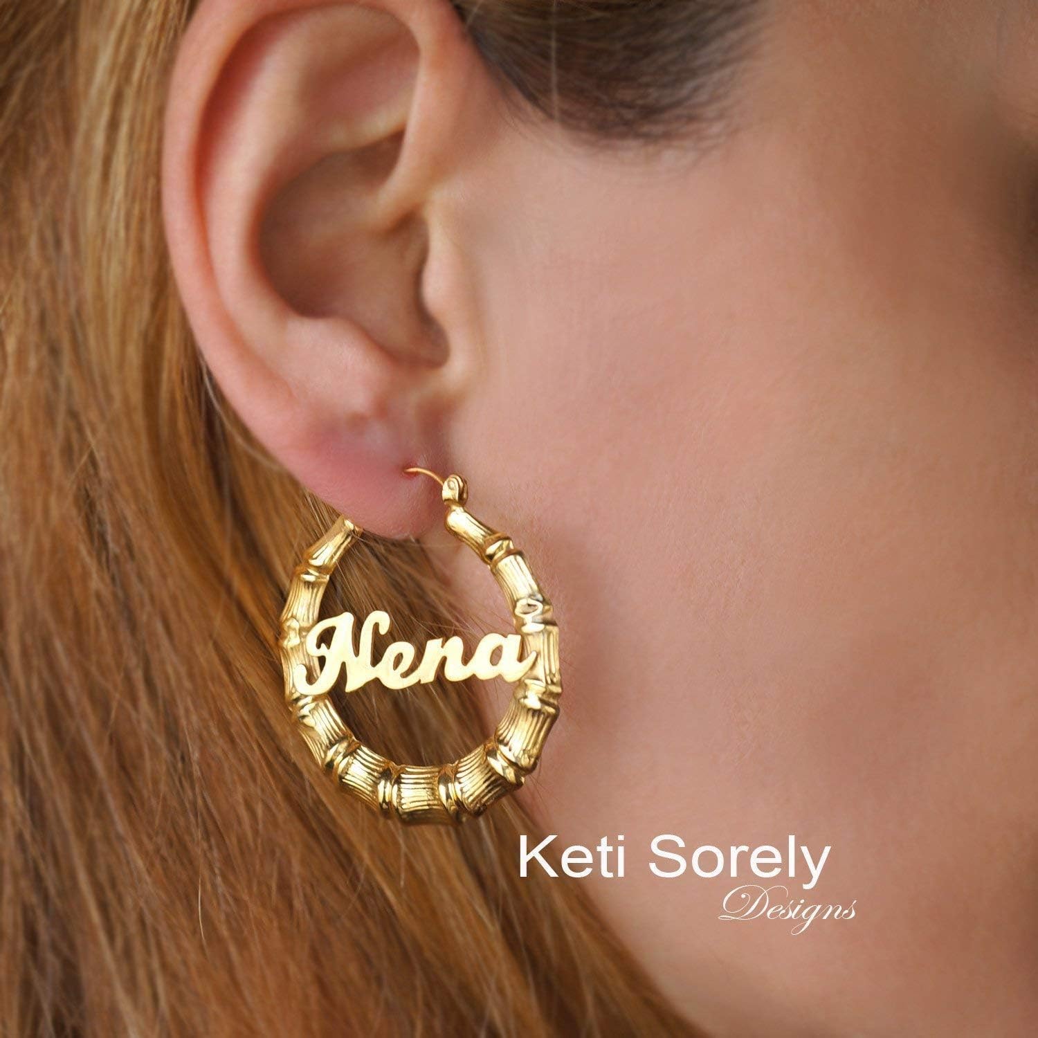 Small Bamboo Earrings with Name, Gold Hoops.