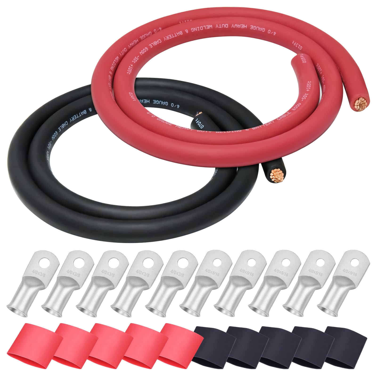 Photo 1 of iGreely 4/0 Gauge Wire 5 Feet Black+5 Feet Red 4/0 AWG Flexible Welding Battery Copper Cable for Car Solar Marine Inverter RV, 5pcs 5/16"&5pcs 3/8" Copper Terminal Cable Lug+Heat Shrink Tubing