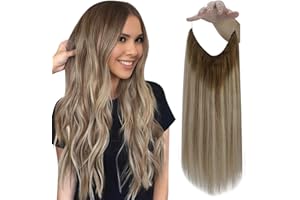 Fshine Invisible Wire Hair Extensions Real Human Hair 14 Inch Wire Human Hair Extensions Balayage Walnut Brown to Ash Brown and Butter Blonde One Piece Hair Extensions Clip in Human Hair Remy Hair 70g