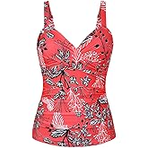 Hilor Women's Underwire Tankini Top Ruched Tummy Control Bathing Suit Tops Twist V Neck Swim Top Swimwear Only