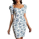 winkbay Women's Floral Puff Sleeve Dress Elegant Sweetheart Neckline Bodycon Cocktail Party Dresses