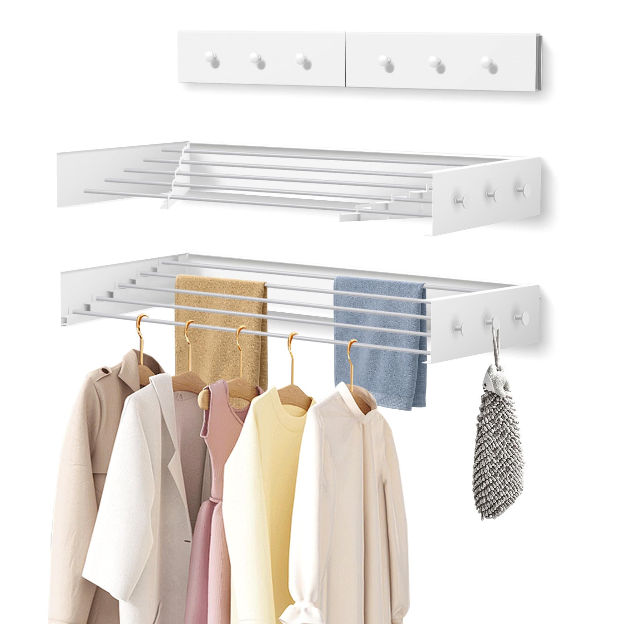 WELTRXE Wall Mounted Clothes Drying Rack, Collapsible Laundry Clothes Airer with 6 Hooks, Foldable Towel Rack, 80cm 5-Rod Retractable Metal Washing Line for Indoor Outdoor, Drying Space Saver, White