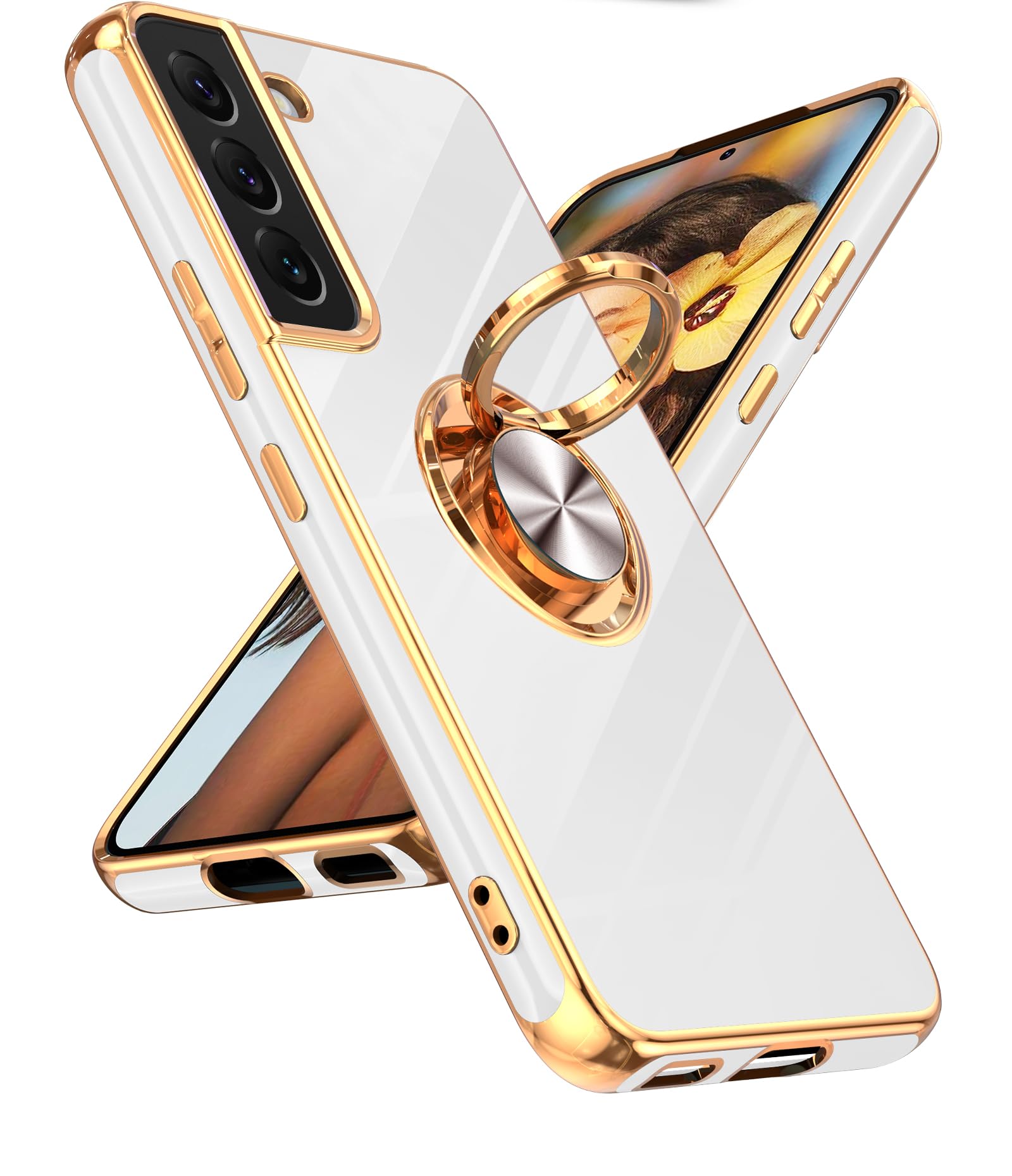LeYi for Samsung Galaxy S22 Case 360° Rotatable Ring Holder Magnetic Kickstand, Plating Rose Gold Edge Protective for Samsung Galaxy S22 Case, White