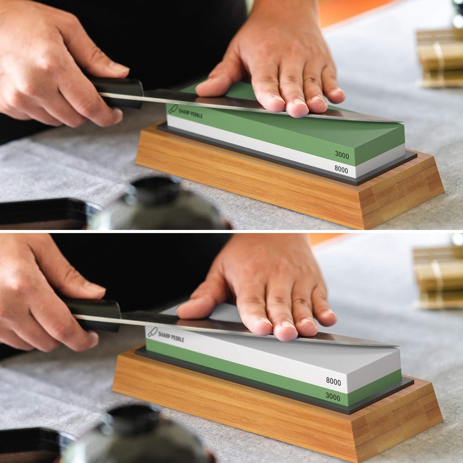 Sharp Pebble Premium Sharpening Stones 2 Side Grit 3000/8000 Whetstone - Kitchen Knife Sharpener Waterstone with Non-Slip Bamboo Base & Flattening Stone - - 