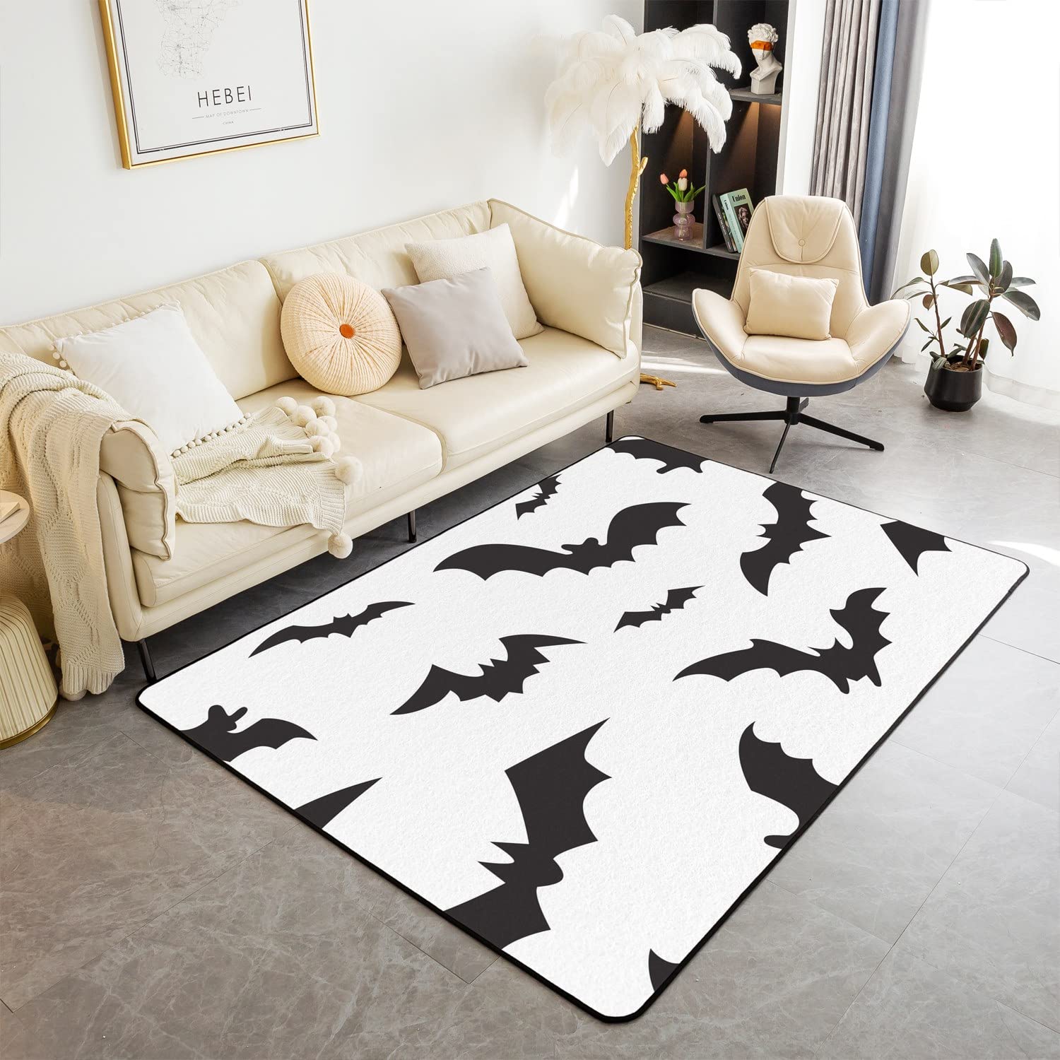 Loussiesd Halloween Bats Decor Carpet Kids Black White Bat Living Room Rugs Kids Scary Halloween Decor Accent Rug Trick or Treat Indoor Floor Mat Room Decor Area Rug 100X150cm
