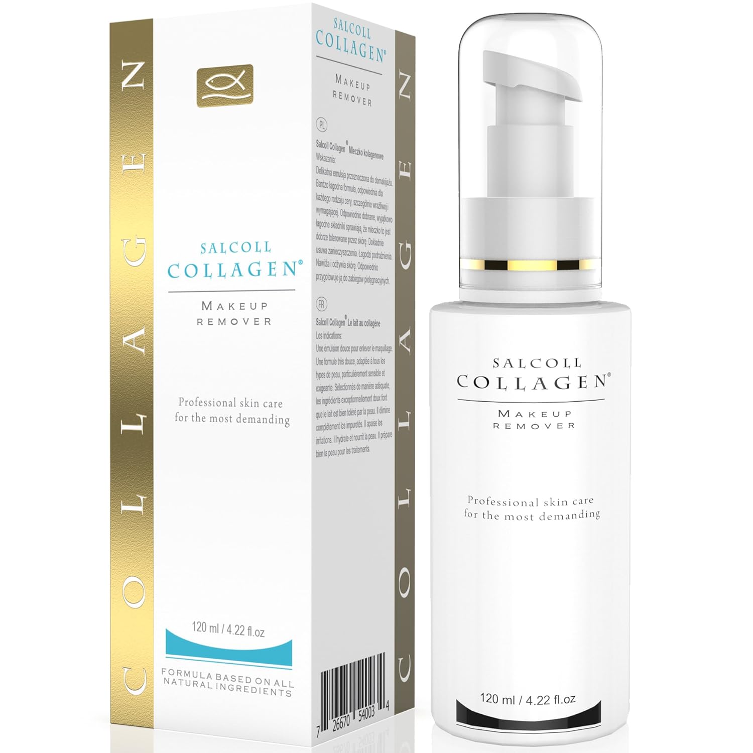 SALCOLL COLLAGEN Makeup Remover - Marine Collagen with Vitamin F - Gentle & Effective Neck, Face & Eye Makeup Remover - Hydrates, Restores, Nourishes Skin - Hypoallergenic, For All Skin Types - 120 ml