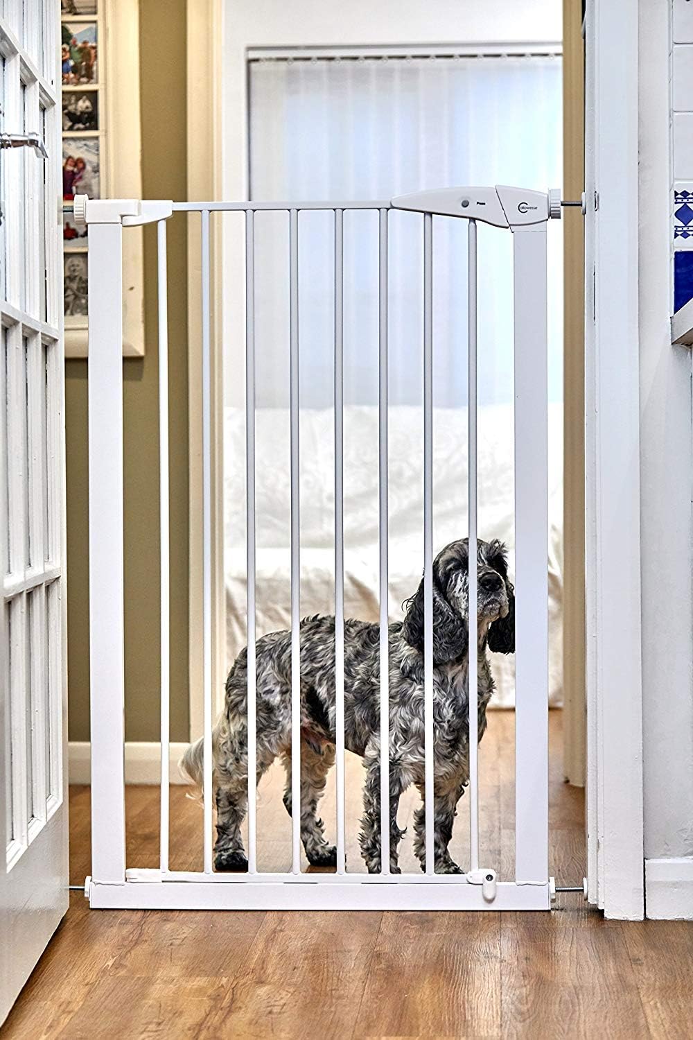 Callowesse® Extra Tall 110cm Pet Gate, Quality Pressure Fitted with 2 Stage Safety Catch and Bottom Security Stop. Metallic White, Strong Gate Suitable for Big Dogs - 75-96cm