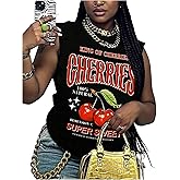 WDIRARA Women's Plus Size Cherry Letter Graphic Tank Top Crew Neck Sleeveless Streetwear Tops