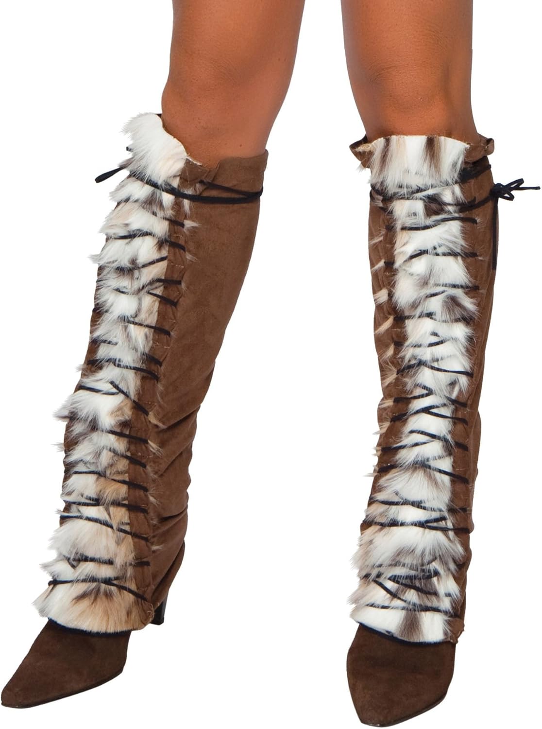 Roma Costume Faux Fur Suede Lace Up Leg Warmer, Brown/Faux Fur, One Size: Clothing