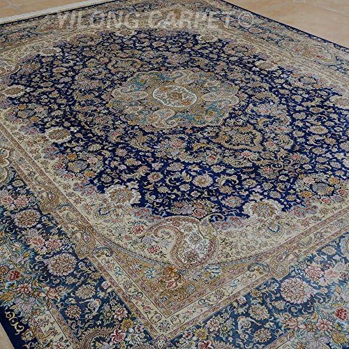 Yilong 8'x10' Large Handmade Silk Carpet Classic Traditional Tabriz Floral Medallion Pattern Hand Knotted Rugs for Home (8 Feet by 10 Feet, Blue) YL0942