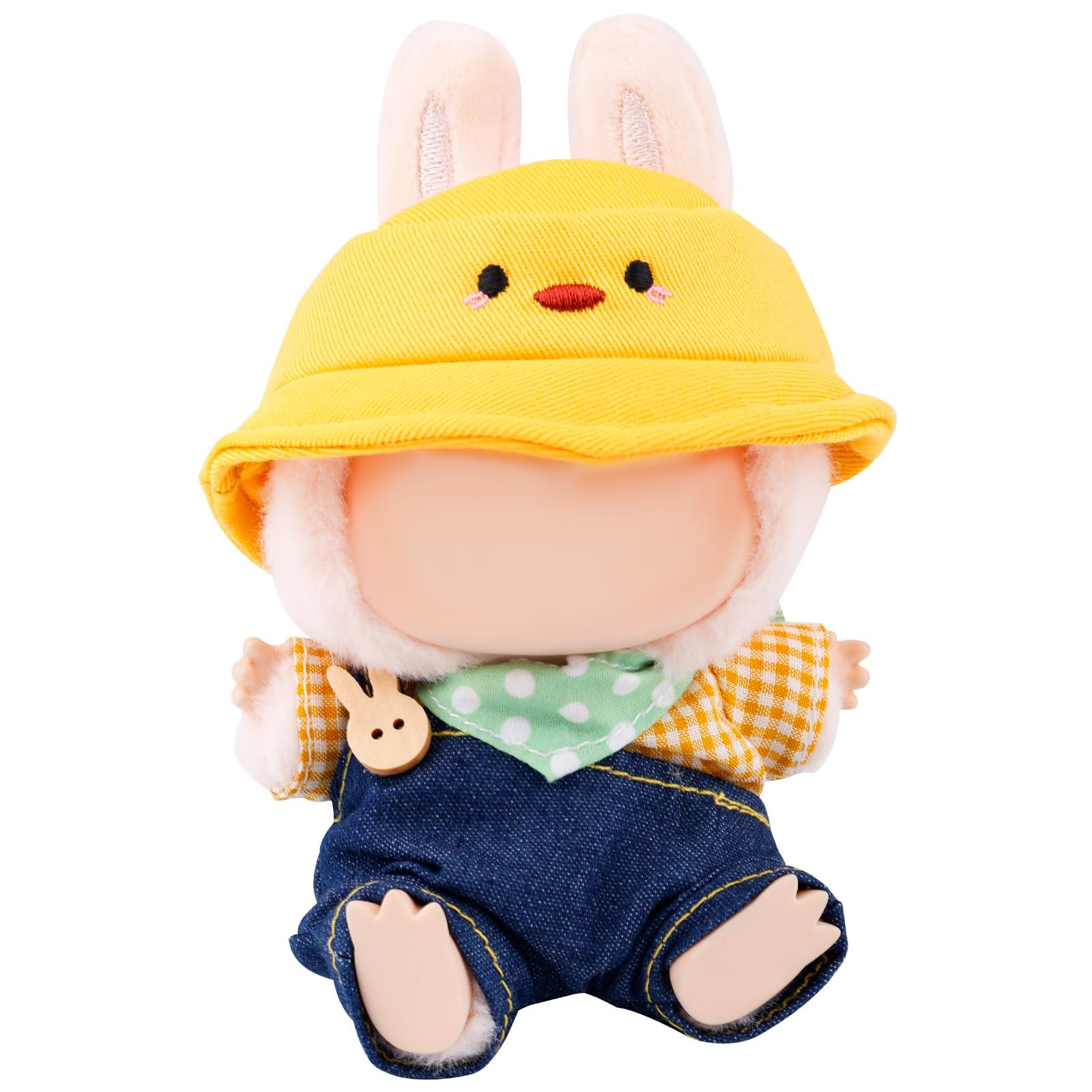 Gosknor Clothes Set for 6.7in Doll, Adorable Outfit Includes Dark Overalls Pants Yellow Hat Plaid Top and Polka Dot Scarf Plush Toy Dress Up Costume Dolls Accessories for Play & Display