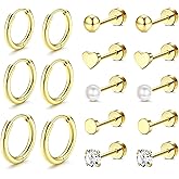 Incaton Small Hypoallergenic Flat Back Stud Earrings for Women Men 14K Gold Plated Surgical Stainless Steel Earring Sets Tiny Cartilage Earrings for Sensitive Ears