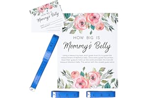 ZYFLSQ 34 PCS Baby Shower Measure Belly Game How Big is Mommy's Belly, 30 Guessing Cards, 3 Measuring Tapes, and 1 Game Sign with Stand (Blue)