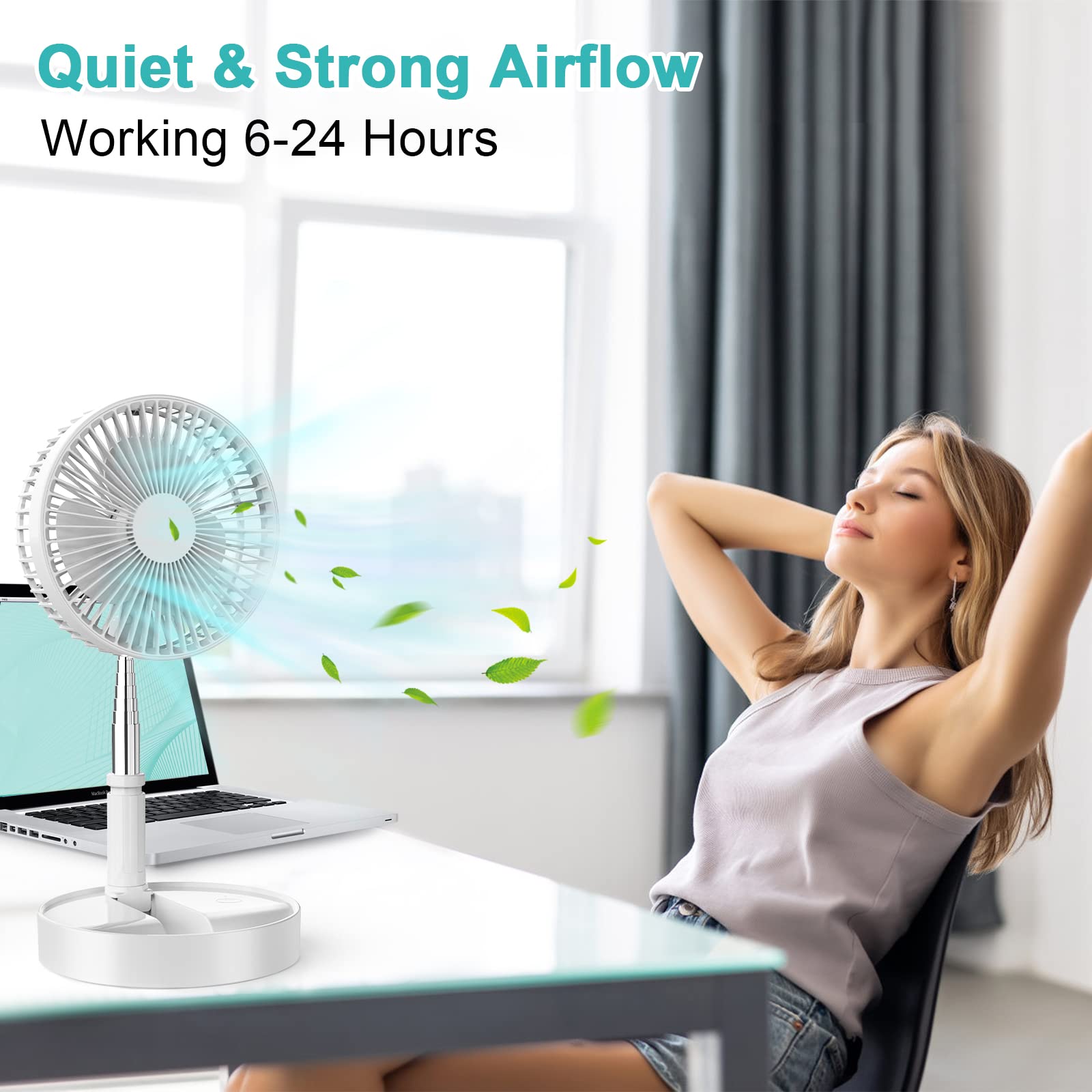 QUALORI Fan Collapsible for Traveling Foldaway Rechargeable Portable Folding Travel Fans Portable Pedestal Standing Fan Foldable Travel with 7200Mah Battery for Bedroom Home Office