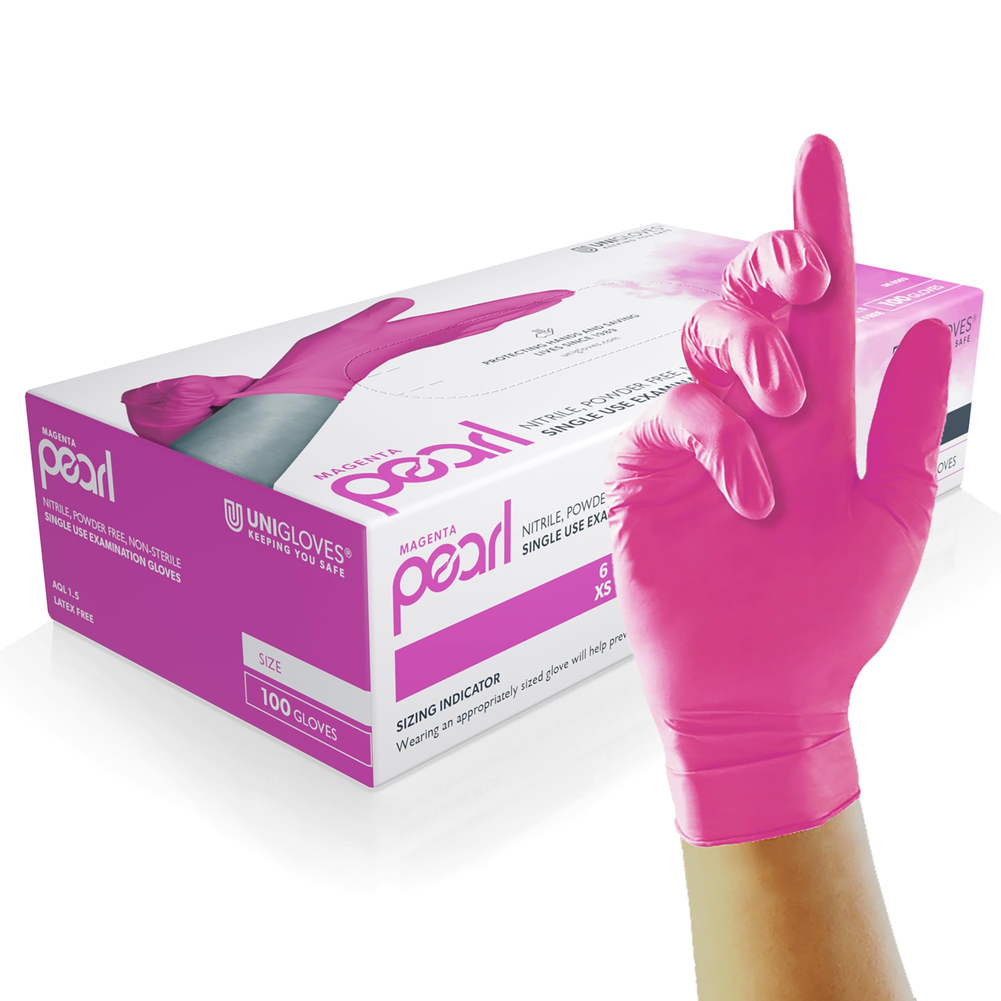 UNIGLOVES Magenta Pearl Nitrile Examination Gloves - Multipurpose, Powder Free and Latex Free Disposable Gloves - Box of 100 Gloves, Magenta, Medium (GP8503)