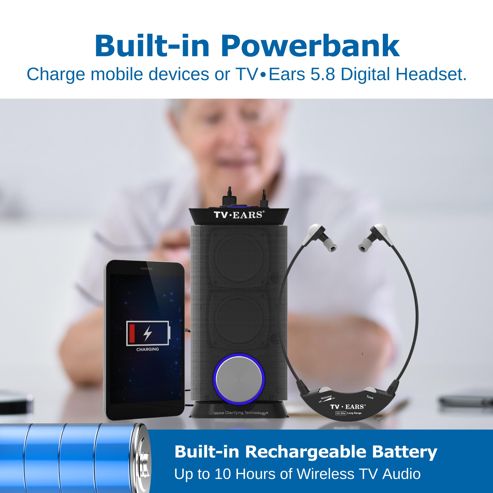 TV · EARS Wireless Speaker System for TV 5.8 GHz, Voice-Clarifying Speaker & Dual USB Charging, Long Range & Portable Entertainment System, Noise Cancellation & Works w/o Wi-Fi, Black