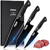 Huusk Japanese Chef Knife Set for Kitchen - 3 pcs Black Kitchen Knife Set with Titanium Coating, Stainless Cutting Knives Sets, Professional Cooking Knives for Vegetable Fruit Meat, Christmas Gift Men