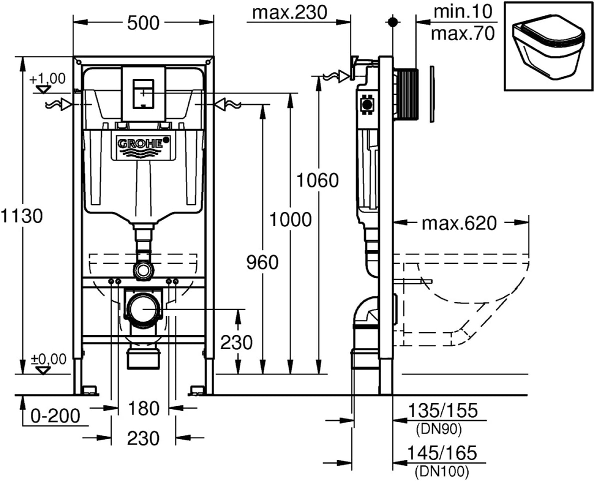 GROHE 38827000 Rapid Sl 4-in-1 Set for Wall-Hung Toilet, 1.13 m (Wall Brackets, Skate Cosmopolitan Chrome Flush Plate - Image 3