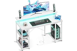 ODK 48 inch Gaming Desk with LED Lights & Power Outlets, Computer Desk with Monitor Stand & Storage Sheves, CPU Stand, Home Office Desk, White