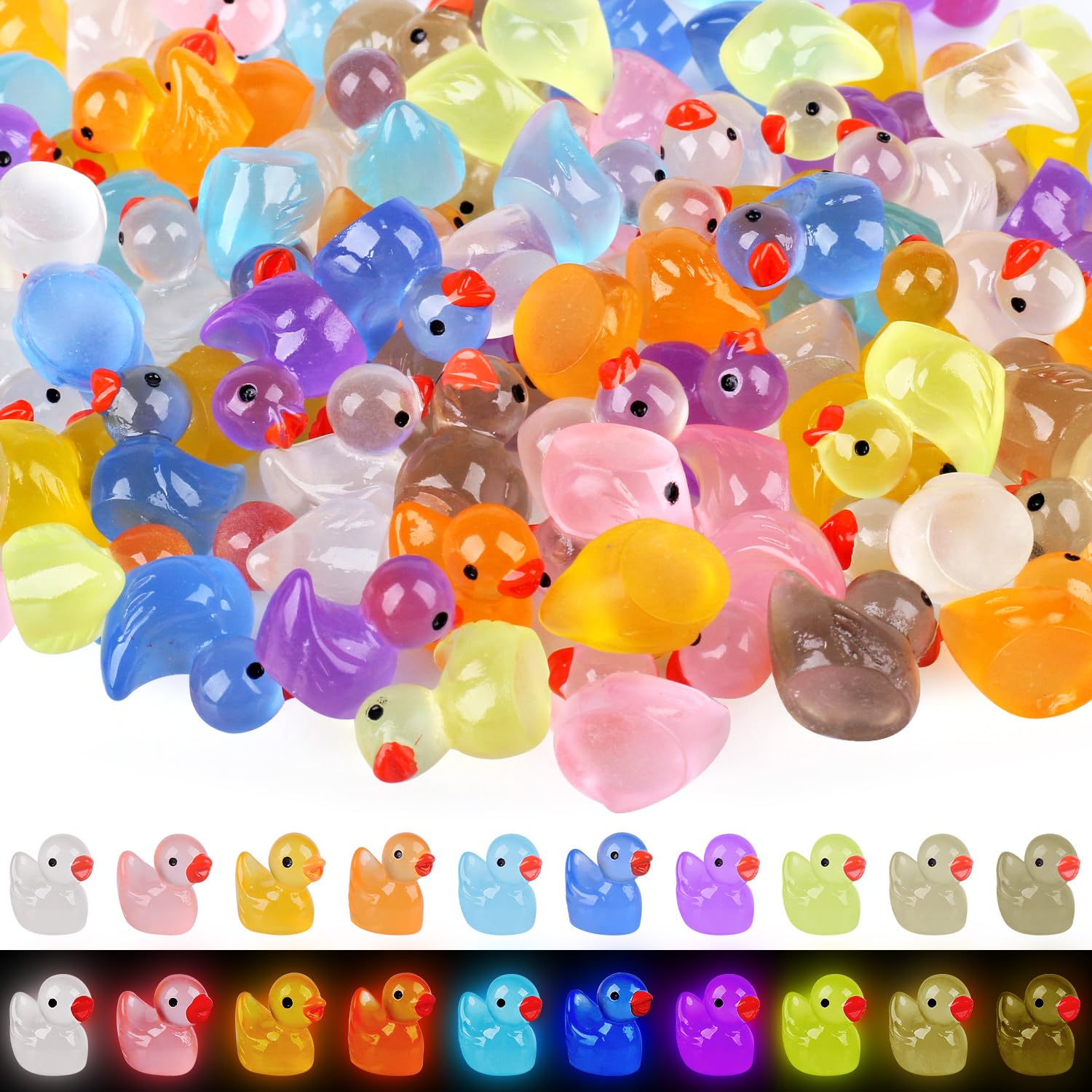 Fzyisw Mini Resin Ducks 100 Pack, Colorful Luminous Tiny Ducks, Cute Miniature Toy Little Ducks for Aquariums, Dollhouse Decor, Potted Plants, Garden Landscapes Decoration (10 Colors)