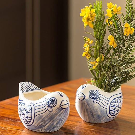 ExclusiveLane The Chirpy Couple Mughal Hand-Painted Ink Blue Ceramic Planters (Set of 2) - Planter Pot Ceramic Planter Box for Balcony Flower Pots for Garden Living Room Decorative Plant Bowls