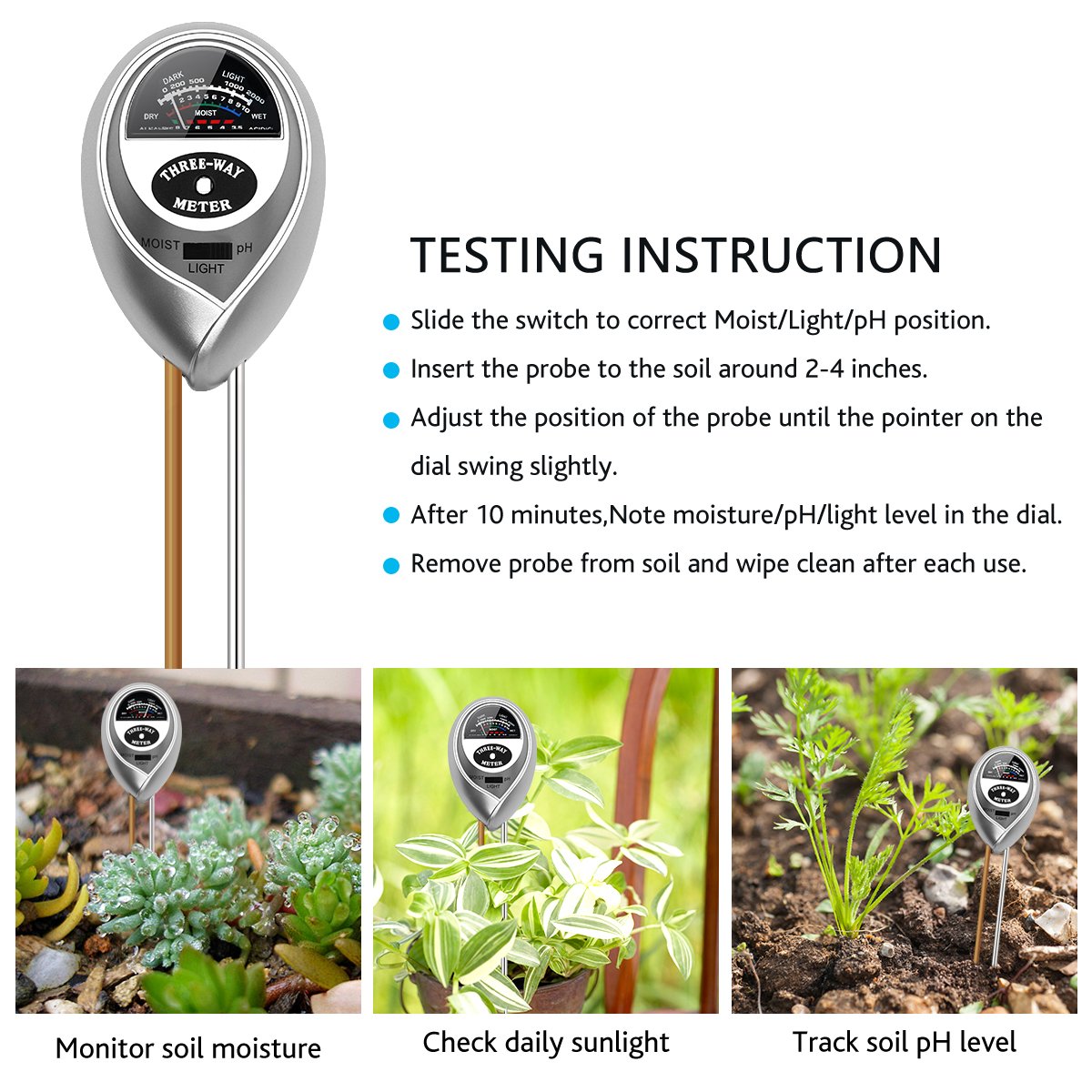 VDROL Soil PH Meter, 3 in 1 Soil Acidity Reader Light PH Moisture Meter Säuretester Pflanzenöltester Kit for Garden, Utilities, Agriculture, Indoor and Outdoor Use (No Battery Required)