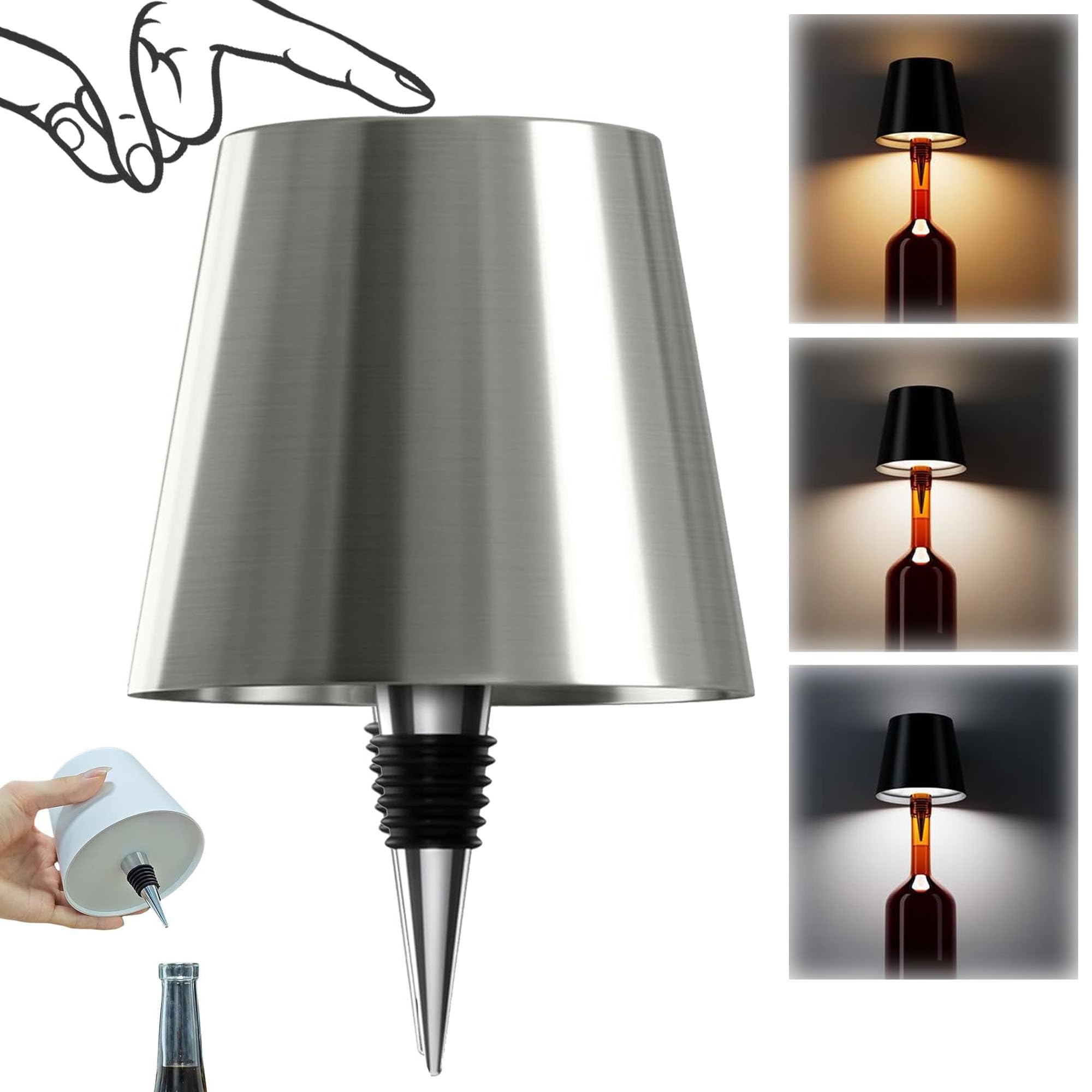 AIMARS Wireless Bottle Lamp, 3 Color Stepless Dimming Wine Bottle Lamp, LED Rechargeable Touch Control Wireless Bottle Lampshade for Bedroom, Restaurant, Bar (Galvanized Silver, 1-Pack)
