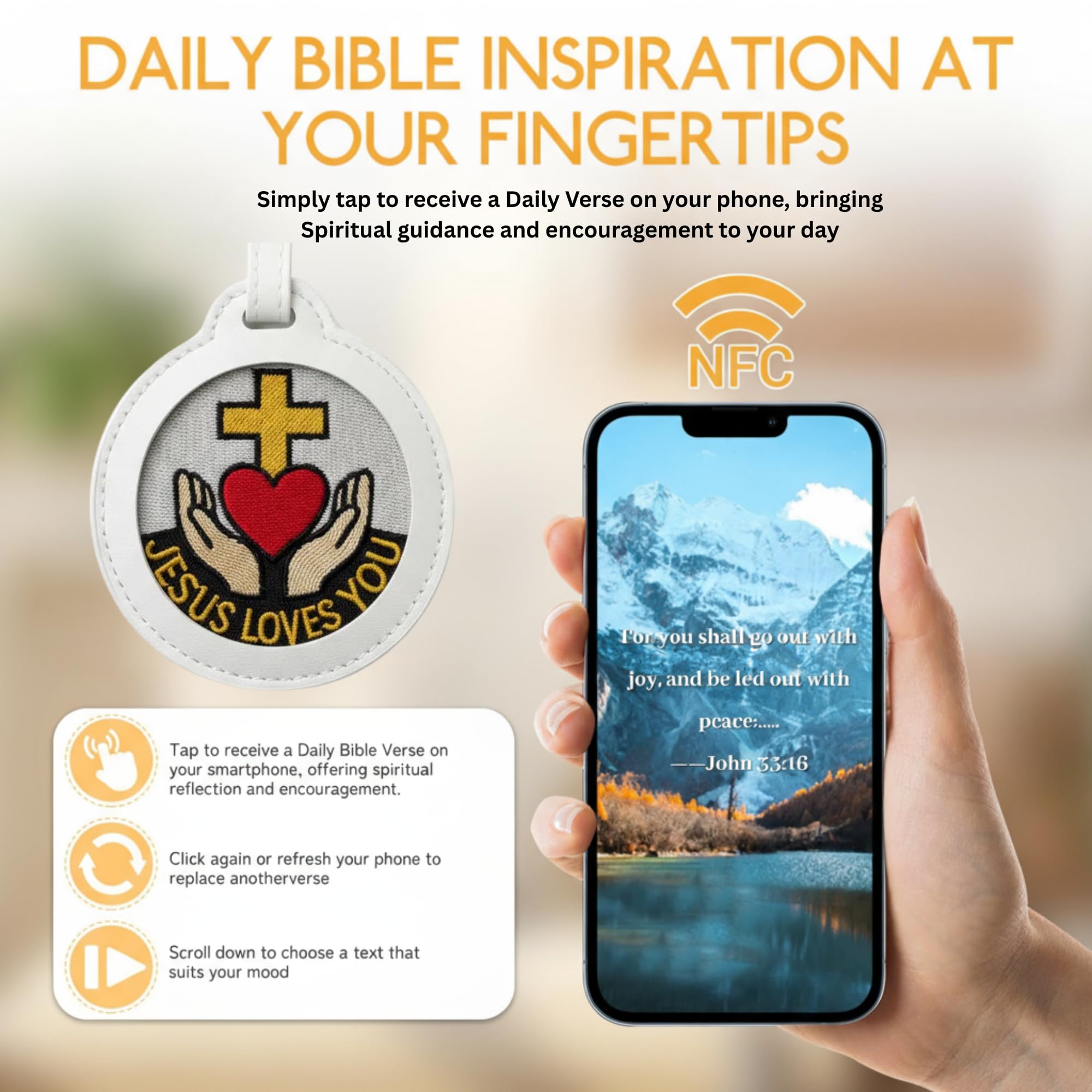 Ctctoo NFC Bible Verse Keychain | Jesus Loves You Embroidered Patch | Tap for Daily Scripture | Inspirational Christian Gift for Men & Women & Youth Groups | Smart Religious Tag for Backpacks & Keys