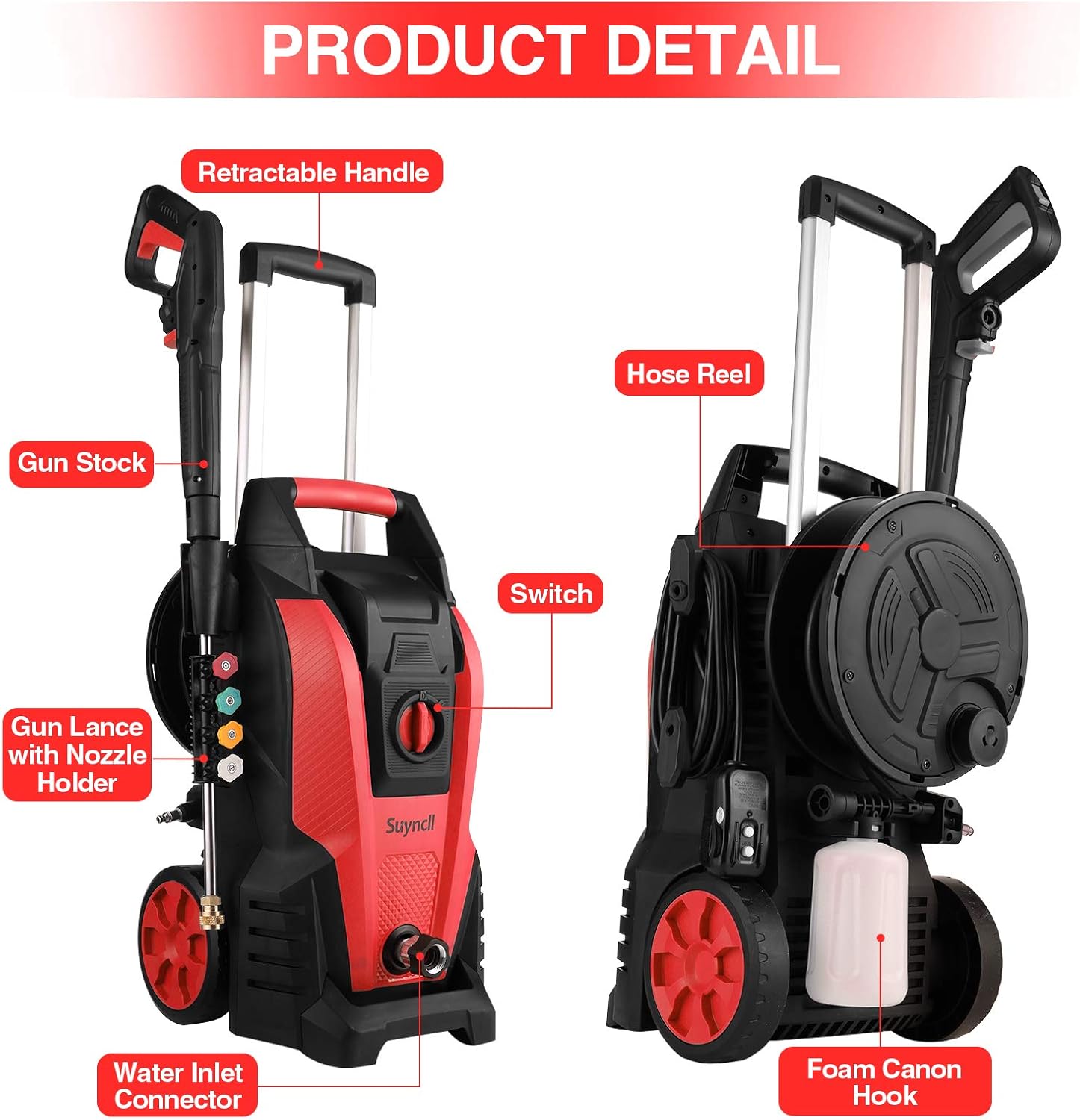 Power Washer, Suyncll Pressure Washer 3800 Max PSI 2000W Electric Portable High Pressure Cleaner Machine with 4 Nozzles, Detergent Tank and Hose Reel, for Homes, Cars, Driveways, Fences, Patios (Red) : Garden & Outdoor