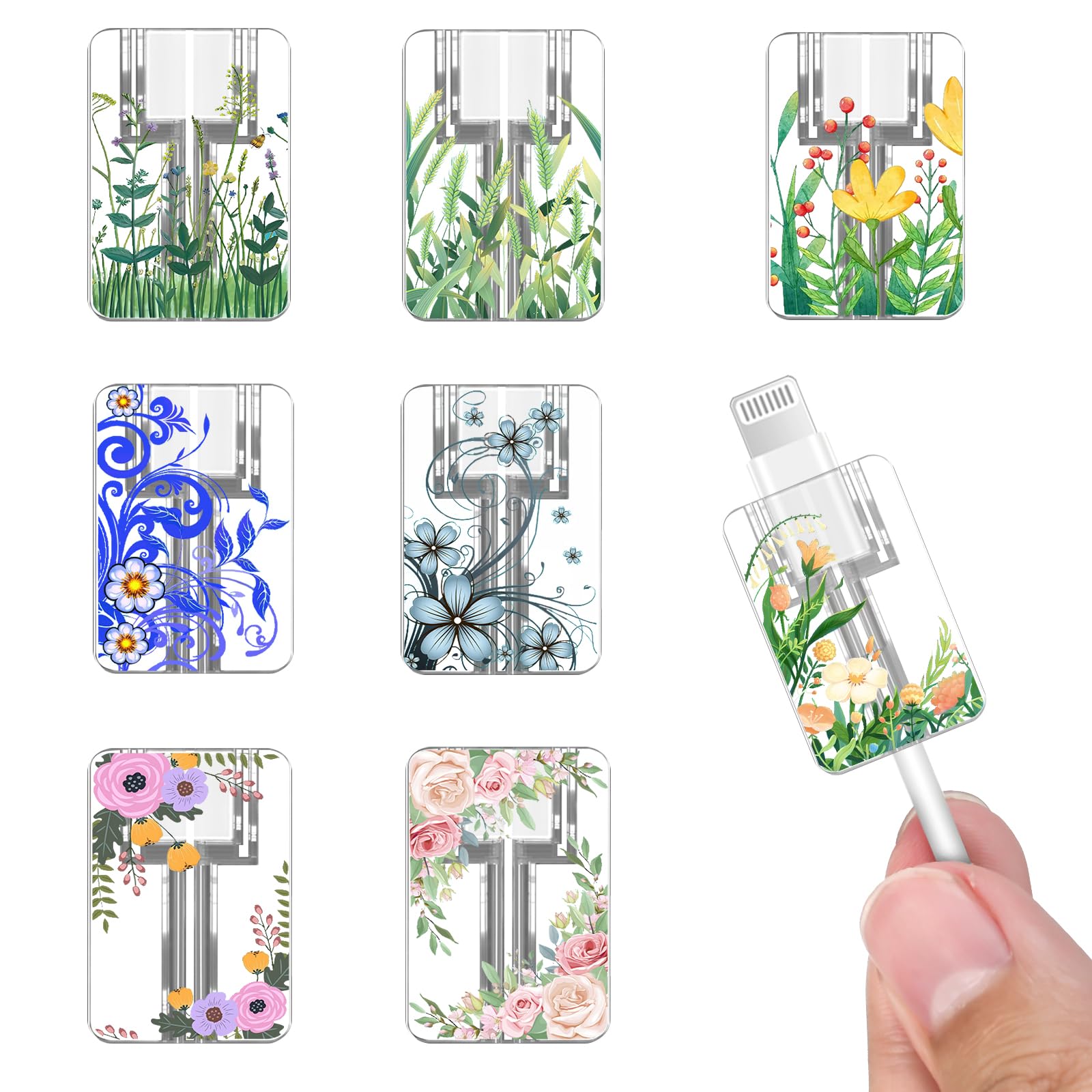 Lovely Cable Protector Compatible for iPhone Type-c,Pretty Flower Grass Design 8pcs Soft Phone Charger Protector,Charging Cord Protector,Cable Chomper,Cord Saver Cable Sleeve for Women Girls