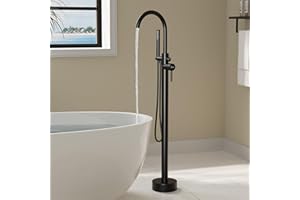 HAWKROWN Freestanding Bathtub Faucet, Floor Mount Bathtub Faucet with 2 Water Outlet Modes, Swivel Gooseneck Spout with Hand Shower, Brass Single Handle Tub filler, Max Flow Rate 7.4 GPM, Matte Black