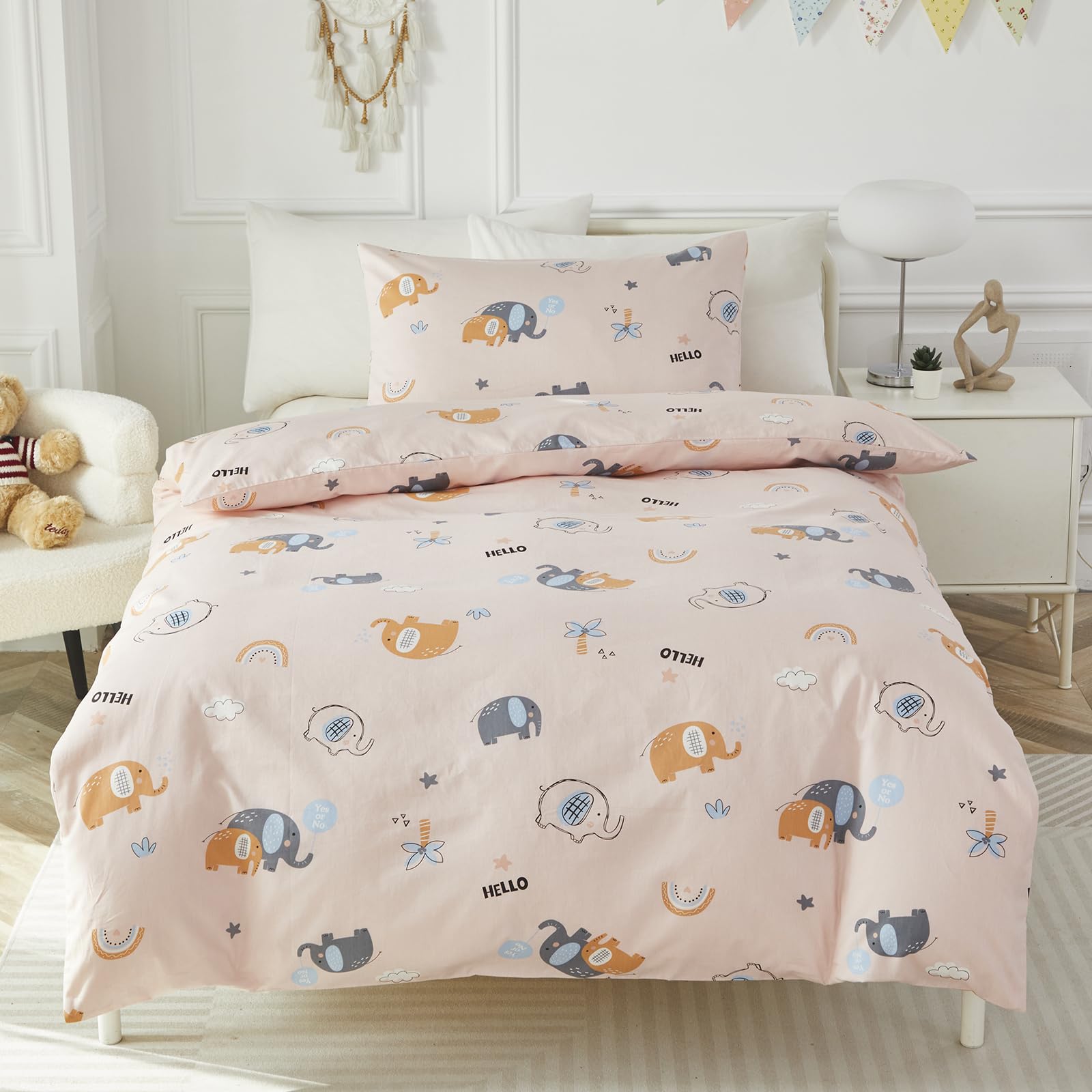 HMtideby Pink Elephant Toddler Kids Bedding Set for Girls and Boys, Cot Bed Duvet Cover with Pillowcase, 2 pcs, 120 x 150 cm — image 1